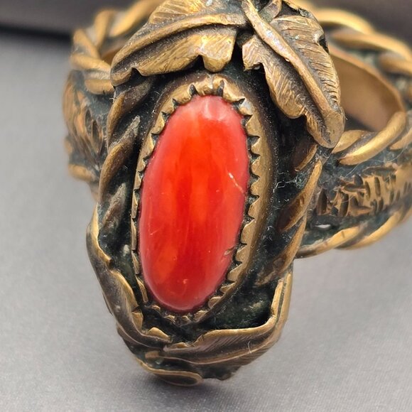 VTG Southwestern Brass & Red Coral Ring Size 8 Leaf Motif Etched Rope Band - Picture 7 of 12